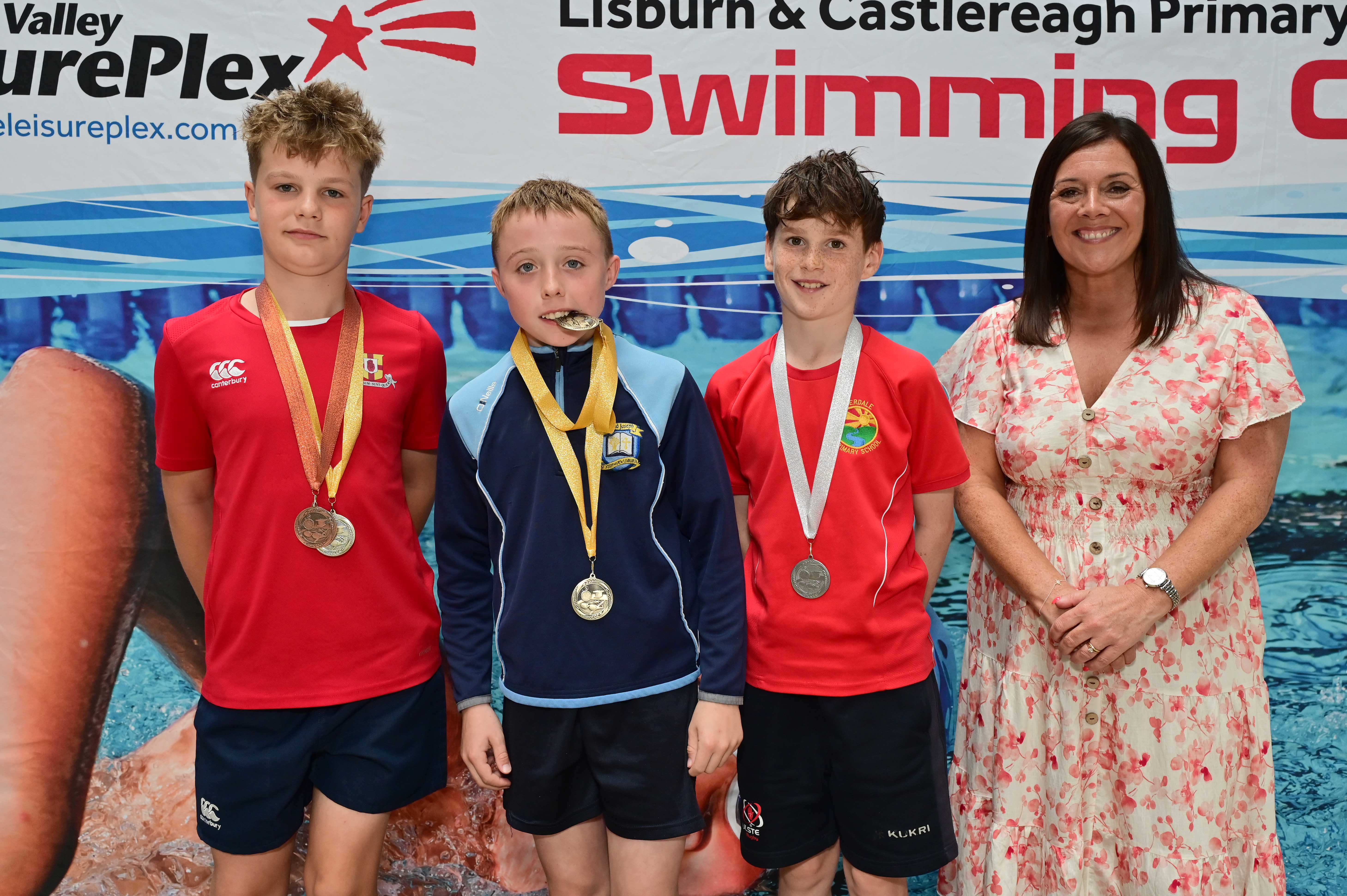 Chair of Communities and Wellbeing Committee, Councillor Sharon Lowry presents Event 26 Freestyle (Non-club)   1st Tommy McKee (St Joseph’s), 2nd Ollie Leeburn (Riverdale) and 3rd  Joseph Lewis (Friends’ Prep) 