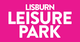 Lisburn Leisure park logo with the words Lisburn leisure park written in white on a pink background