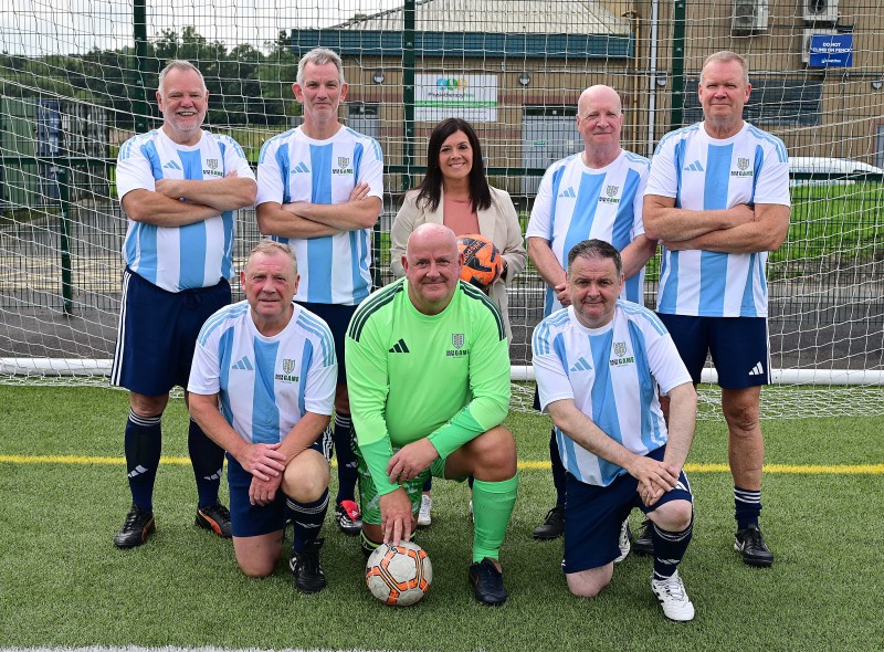 Pictured: Ballymena Walking Football team with Chair of the Communities and Wellbeing Committee, Councillor Sharon Lowry
