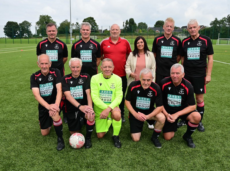 Pictured: 'Saunter Shield' Champions, Scrabo Strollers Walking Football team with Chair of the Communities and Wellbeing Committee, Councillor Sharon Lowry